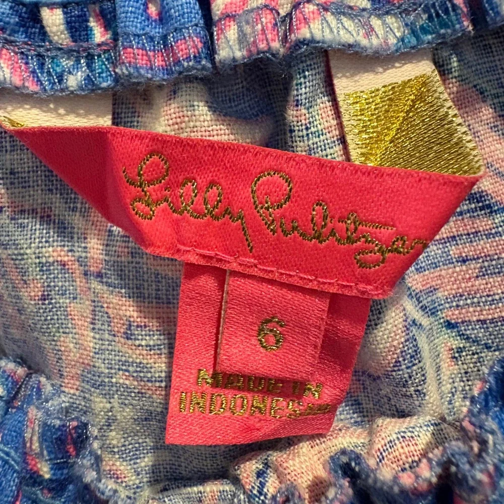 Lilly Pulitzer 100% Linen Puff Sleeve Smocked Square Neck Top Sailabration Sz 6
